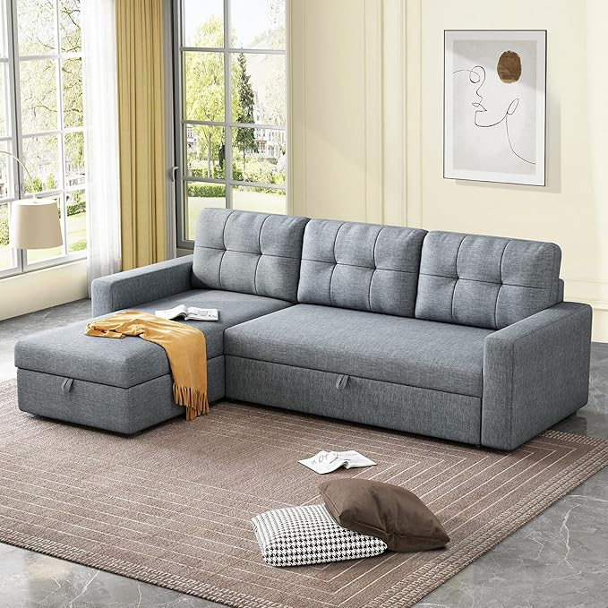 Upholstered Sleeper Sofa, L Shaped Sectional Couch with Reversible Storage, Convertible Corner Lounge Couches w/Pull Out Sofabed for Living Room, Apartment,Light Grey