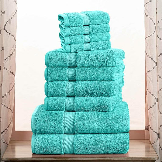 Superior Egyptian Cotton Pile 10 Piece Towel Set, Includes 2 Bath, 4 Hand, 4 Face Towels/Washcloths, Ultra Soft Luxury Towels, Thick Plush Essentials, Guest Bath, Spa, Hotel Bathroom, Turquoise