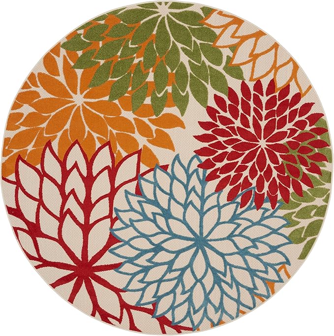 Nourison Home Aloha Indoor/Outdoor Green 7'10'' x Round Area-Rug, Tropical, Botanical, Easy Clean, Non Shedding, Bed Room, Living Room, Dining Room, Deck, Backyard, Patio (8 Round)