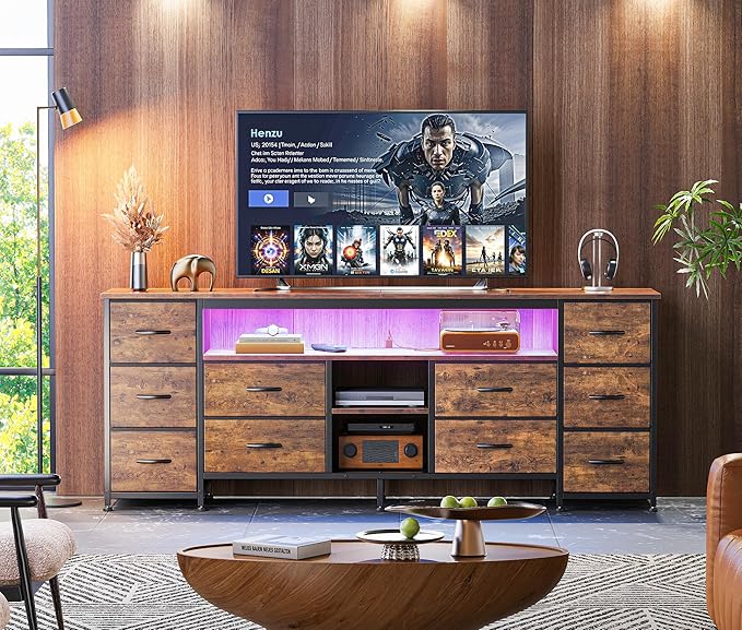 Huuger 63 Inch LED TV Stand Dresser with Power Outlets, USB-C Port and LED Lights, 10 Fabric Drawer Dresser for Bedroom, Long Entertainment Center for 65, 70 Inch TV, Open Shelves, Rustic Brown