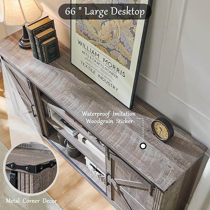 Farmhouse TV Stand for 75+ Inch TV, 32" Tall Entertainment Center w/4 Drawers & Sliding Barn Door, Rustic Media Console w/Storage Shelves, 66" Wood Television Stand for Living Room, Grey Wash