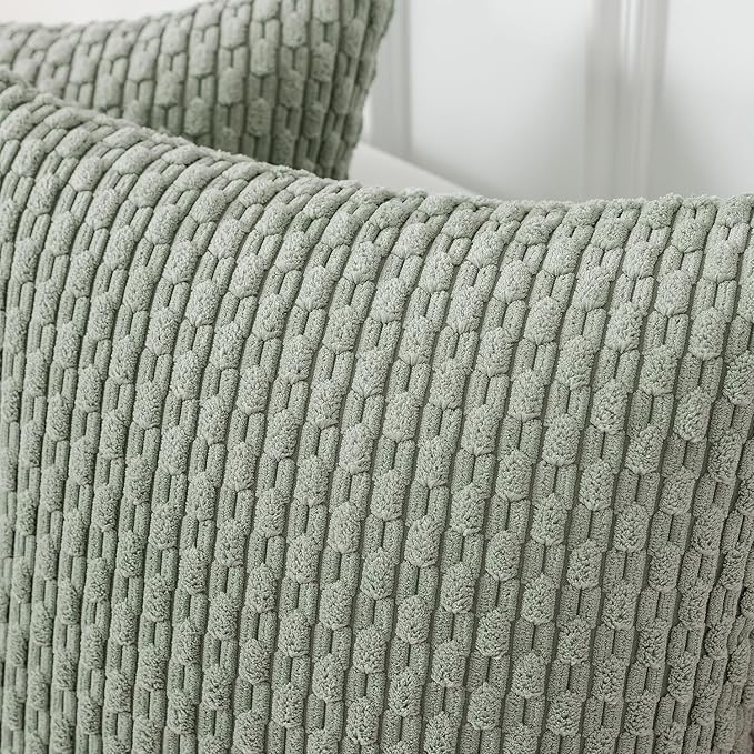 Kevin Textile Throw Pillow Covers Soft Corduroy Decorative Set of 2 Boho Striped Pillow Covers Pillowcases Farmhouse Home Decor for Couch Bed Sofa Living Room 16x16 Inch Greyish Green