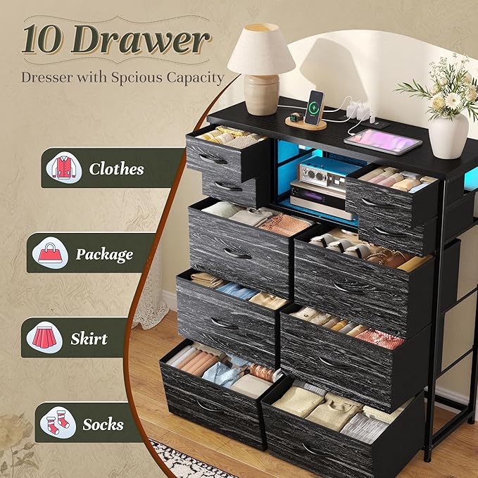 Dresser for Bedroom with Charging Station and LED and 10 Fabric Drawers, Sturdy Tall Chest of Drawers with 2 Open Storage Shelves Storage Tower for Clothing, Closet, Hallway (Black)