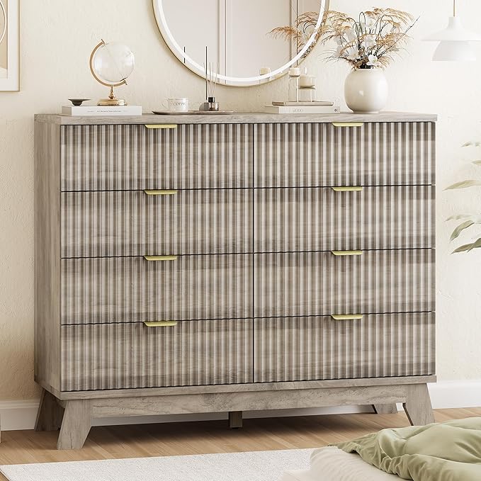 Fluted Dresser for Bedroom with 8 Drawers, 48" Wide Modern Chest of Drawers with Metal Handle, Wooden Dresser TV Stand, Wood Closet Clothes Storage Drawer Organizer for Living Room, Hallway, Grey