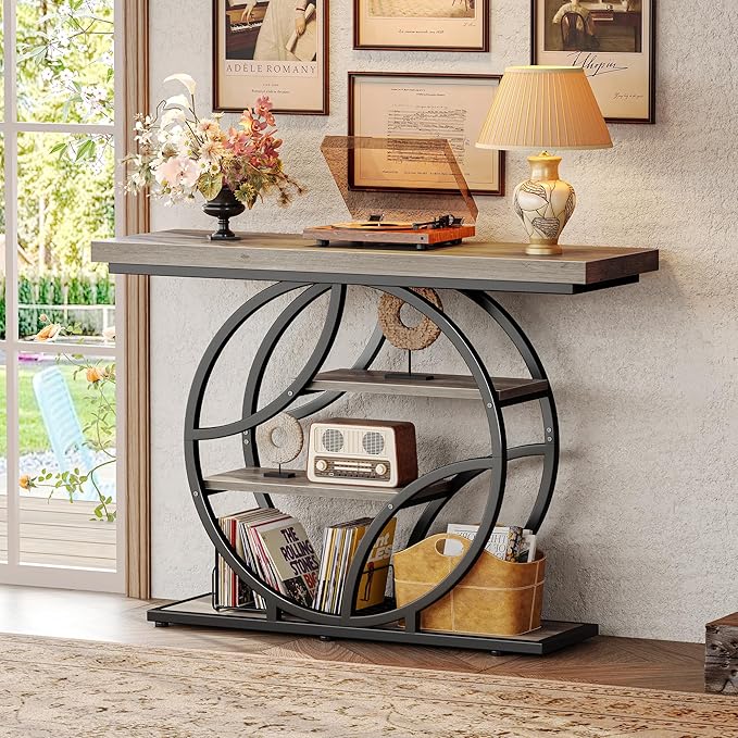 Huuger 41.3 Inch Entryway Table, Modern Console Sofa Table, Accent Table with Shelves, for Entry, Hallway, Entrance, Foyer, O-Shaped Metal Frame, Grey