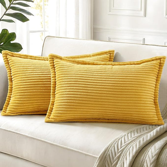 decorUhome Fall Corduroy Mustard Yellow Throw Pillow Covers 12x20 Set of 2 Decorative Soft Boho Striped Lumbar Neutral Euro Farmhouse Couch Pillow Covers with Broadside for Living Room Bed Sofa