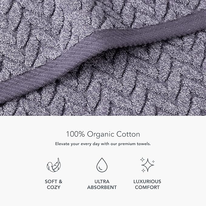 Texere 100% Organic Cotton Jacquard 650 GSM Premium Bath Towel Sets - Extra Absorbent Quick Dry Towel Wrap (Cable, Granite, 4 Bath Towels)