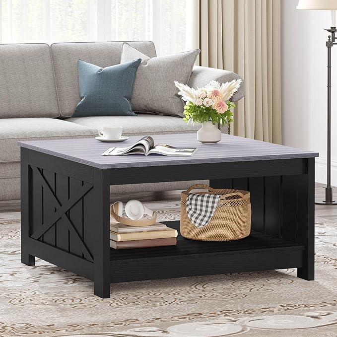 YITAHOME Farmhouse Coffee Table with Storage Rustic Wood Cocktail Table, Square Coffee Tables for Living Meeting Room with Half Open Storage Compartment, Grey and Black