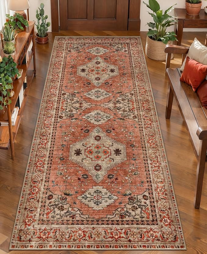 Boho Runner Rug, 2x6 Washable Runner Rugs for Hallways, Non Slip Vintage, Soft Low Pile Long Rug,Distressed Terracotta Oriental Carpet Runners for Kitchen Bedroom Entryway Living Room