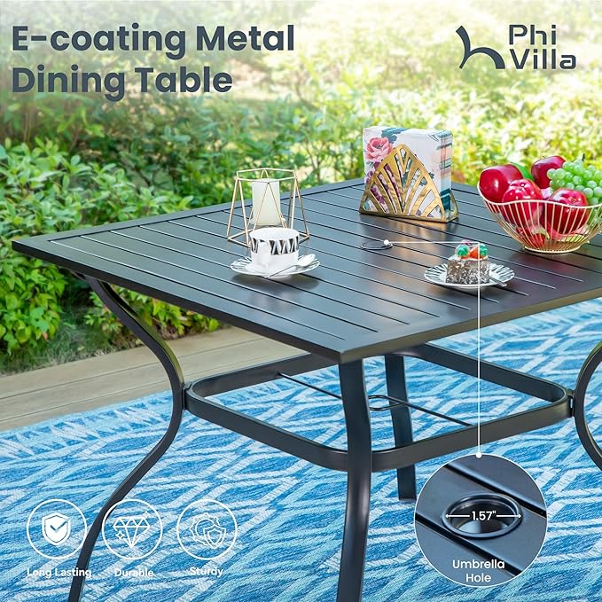 PHI VILLA 5 PCS Patio Dining Set with 4 Padded Outdoor Swivel Dining Chairs(Blue) and 37"x 37" Metal Steel Dining Table(1.57" Umbrella Hole), Outdoor Dining Table & Chairs Set for Deck Lawn Garden