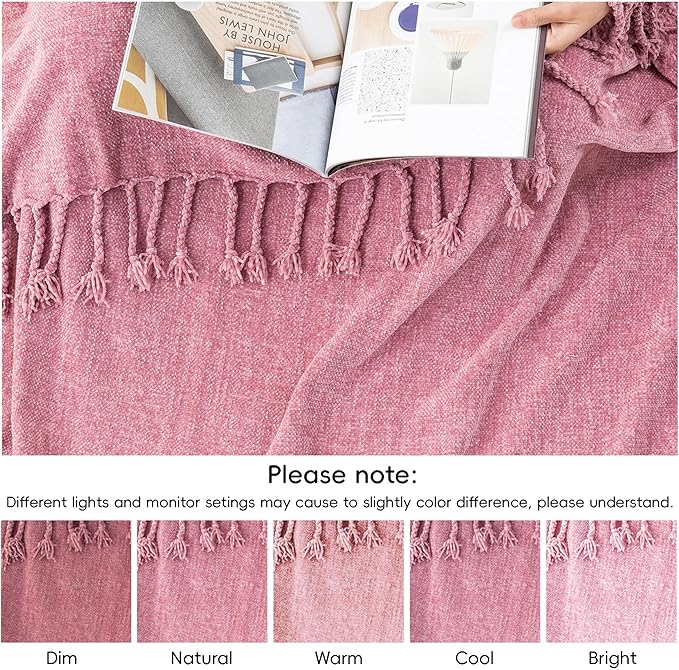 BATTILO HOME Chenille Throw Blanket for Couch, Soft Cozy Throw Blanket with Fringe Tassels, Lightweight Knitted Throw for Spring Summer, Pink, 50"x60"