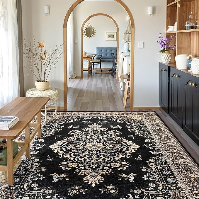 Vintage Area Rug 5x8 Rugs, Machine Washable Vintage Area Rug Non-Slip Low Pile Large Rug for Living Room, Bedroom, Farmhouse, Dining Room, Black