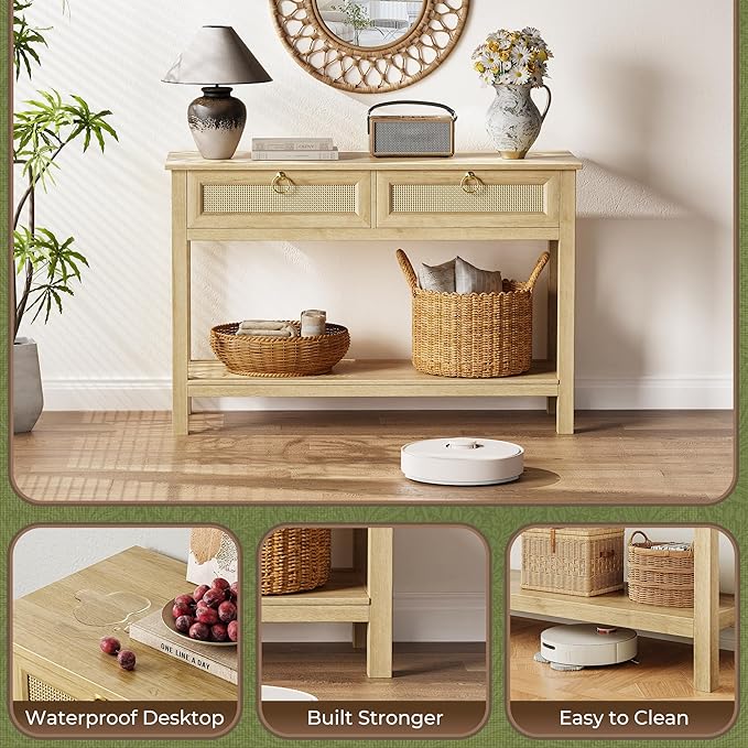 SUPERJARE Rattan Console Sofa Table with Outlets and USB-C Port, 2 Drawer Entryway Table with Synthetic Rattan Surface, 39 Inch, Open Shelf, Behind Couch Entry Foyer Hallway Storage, Natural