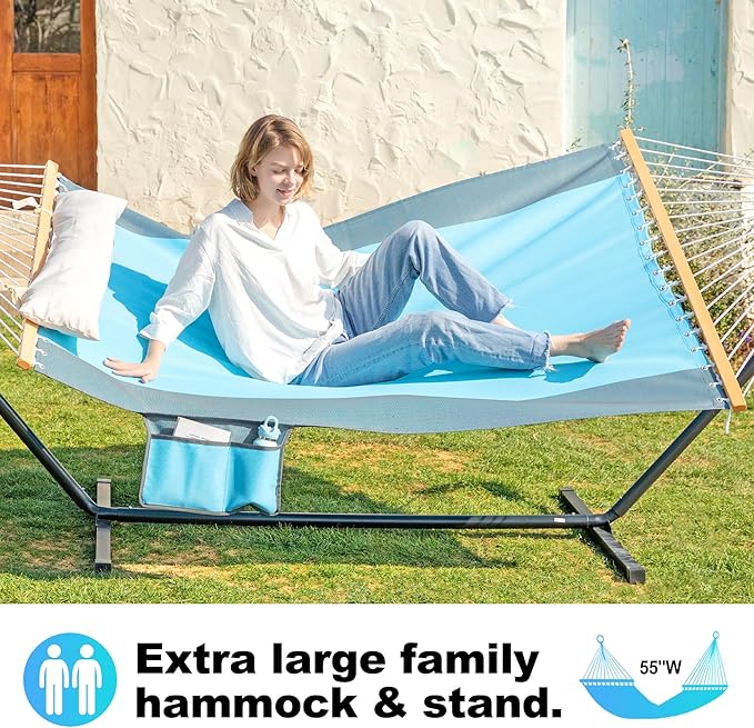 Waterproof Double Hammock with Stand for Outside Heavy Duty, 2 Person 55'' Large Quick Dry Textilene Hammocks with Hardwood Spreader Bar, Pillow, Side Pocket, 475lbs Capacity (Sky Blue)