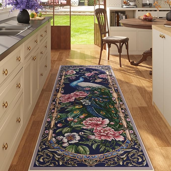 Runner Rug for Kitchen 2'6"x8' Washable Rugs with Rubber Backing Soft Floral Peacock Floral Animal Carpet Runner for Kitchen, Laundry, Bedroom, Bathroom (Cobalt Blue)