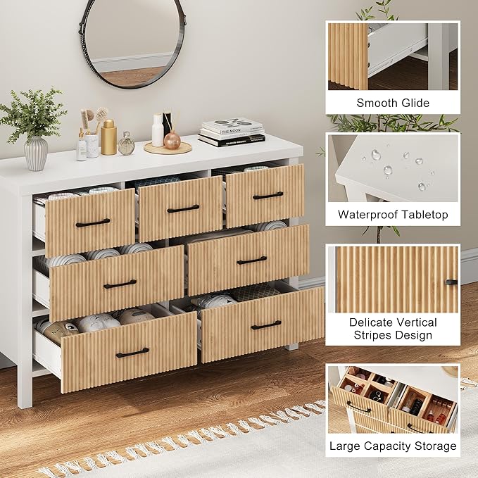 Fluted 7 Drawers Dresser for Bedroom, Modern Chest of Drawers with Metal Handle, Wood Dresser TV Stand, Wooden Closet Clothes Storage Organizer for Living Room, Hallway (White & Wood)
