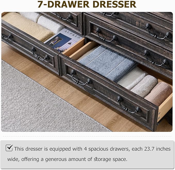 T4TREAM Farmhouse 9 Drawers Dresser for Bedroom, 54" Wide Wood Rustic Chest of Drawers with Natural Texture, Vintage Design, Storage Dressers Organizer for Bedroom, Living Room, Dark Rustic Oak