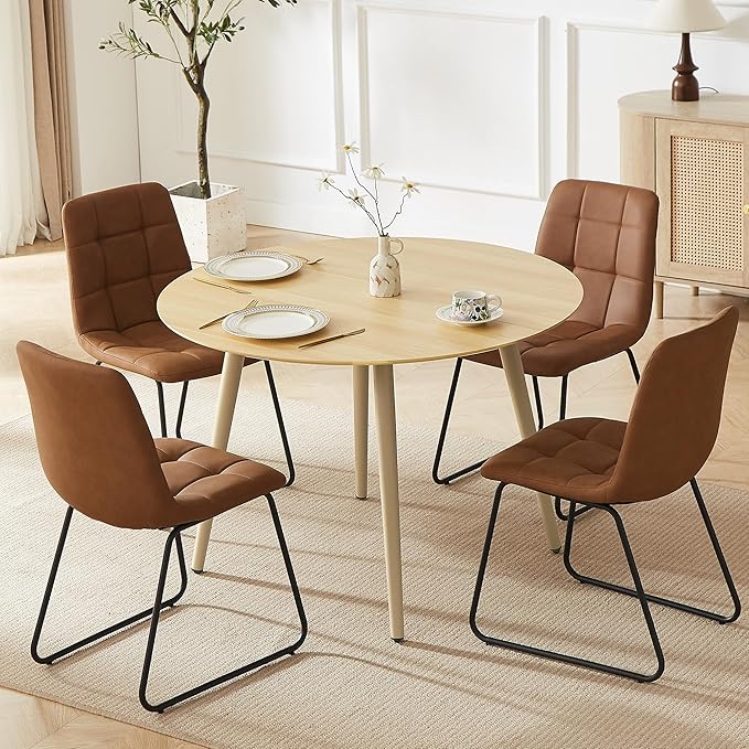 43.3 Inch Round Dining Table Set for 4, Modern Small Kitchen Coffee Set for Dining Room Kitchen Apartment (Cream Table+4 U-Shaped Brown Chairs)