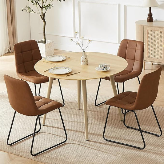 43.3 Inch Round Dining Table Set for 4, Modern Small Kitchen Coffee Set for Dining Room Kitchen Apartment (Cream Table+4 U-Shaped Brown Chairs)
