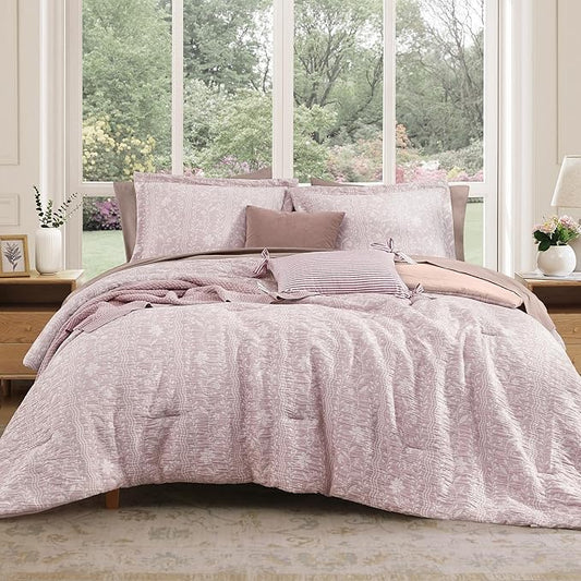 King Comforter Set -7 Pieces Floral Pink Comforter Set for All Seasons, Bed in a Bag King with Botanical Flowers Comforter, Sheets, Pillowcases & Shams