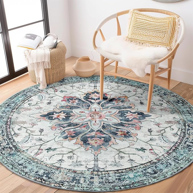 Area Rugs 5ft Washable Non-Slip, Floral Vintage Distress Print Pattern Medallion Carpet for Living Room Bedroom Dining Room, Green Navy Blue White Red Teal Colorful