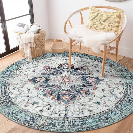 Area Rugs 4ft Washable Non-Slip, Floral Vintage Distress Print Pattern Medallion Carpet for Living Room Bedroom Dining Room, Green Navy Blue White Red Teal Colorful