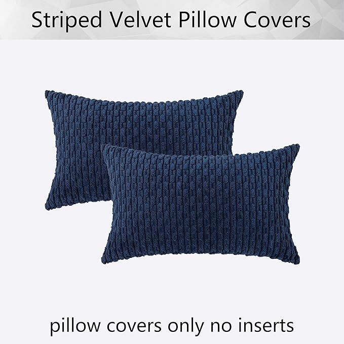 Kevin Textile Set of 2 Pillow Covers Solid Supersoft Corduroy Handmade Decorative Velvet Throw Pillow Cushion Cover for Bed 12x20 Inch Navy Blue