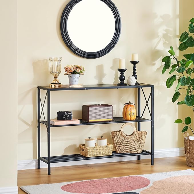 Hoctieon Industrial Console Table, 3 Tier Entryway Table, Hallway Table, Narrow Sofa Table with Shelves, Entrance Table for Entryway, Rustic Brown&Black
