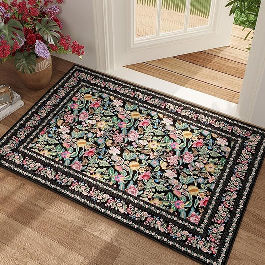 Door Mat Indoor Entrance 2x3 Rug Machine Washable Vintage Floral Small Area Rug Non-Slip Low Pile Throw Rugs for Entryway, Kitchen, Front Door Indoor Entrance, Entry, Kids Room, Black