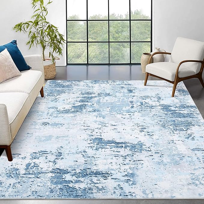 Area Rug 10x13 for Living Room Modern Abstract Accent Faux Wool Low Pile Ultra Soft Rug Stain Resistant Non Slip Non Shedding Throw Rug for Bedroom Home Decor, Blue