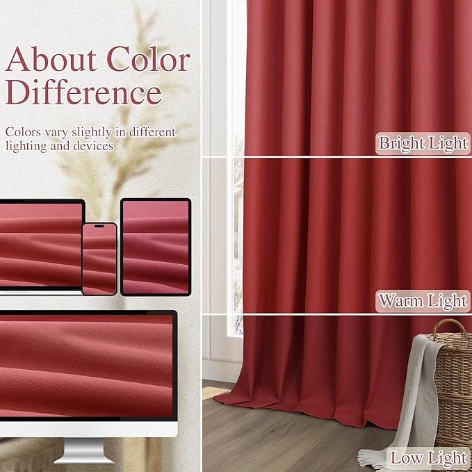 Guken Red Blackout Curtains 72 Inch Length 2 Panels Set for Living Room Bedroom Back Tab Thermal Insulated 100% Black Out Linen Drapes Room Darkening Window Curtains 72 Inches Long