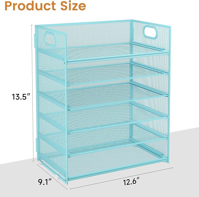 Subekyu 6 Tier Office File Paper Desk Tray Organizer with Handle, Stackable Slide Mesh Letter Tray Folder Blue Desk Organizer, Desktop Document Sorter for Classroom, Office, Home Supplies Storage