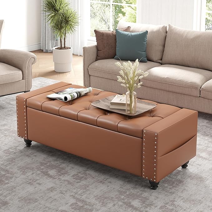 Maupvit Storage Ottoman Bench, 49 Inch Bedroom Bench, Upholstered Ottoman with Storage, Entryway Bench with Tufted Button, Faux Leather Window Bench for Bedroom, Living Room, Entryway, Hallway, Brown
