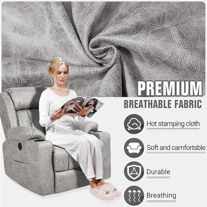 LEVELEVE Retro Rocking Recliner Chair, Massage Rocker Recliner Chair with Vibration Massage and Heat, USB and Type-C Ports,360° Swivel Chairs, Living Room, Bedroom, Nursery, RV, Light Grey