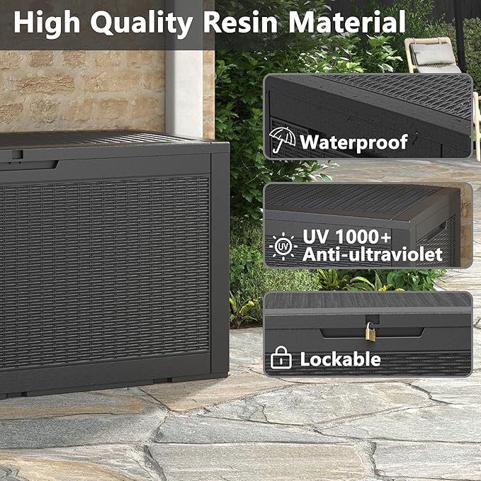 100 Gallon Resin Outdoor Storage Box,Waterproof Deck Box Lockable for Patio Furniture Cushions, Garden Tools, Heavy-Duty Double-Wall Structure with Gas Lift and Reinforced Seat Lid, Black