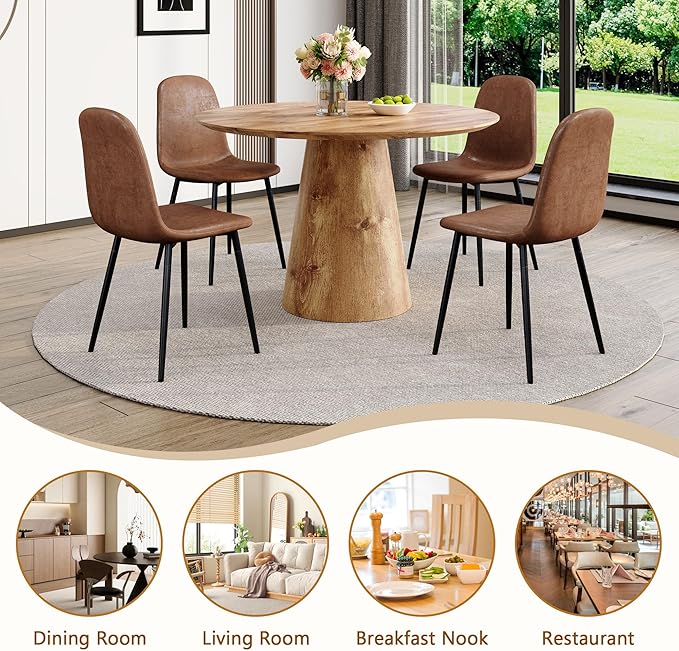 Round Dining Table Set for 4,45'' Wood Dining Room Table Set for 4 with Suede Chairs,Farmhouse Pedestal Dining Table Set for Dining Room,Apartment Easy Assembly