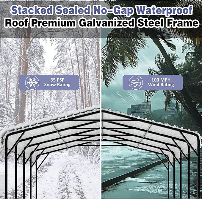 JY QAQA 20 x 20 FT Metal Carport Kits with Galvanized Steel Roof, Heavy Duty Metal Carport Canopy, Outdoor Car Tent Garage Shelter for Car, SUV, Truck and Boats