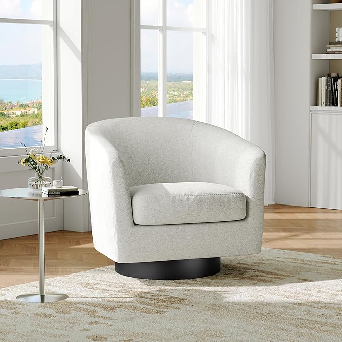 Swivel Barrel Accent Chair, Modern Round Chenille Fabric Arm Chair for Living Room, Bedroom, Comfy Club Reading Chairs for Adults（Chenille Fabric, Beige, Set of 1