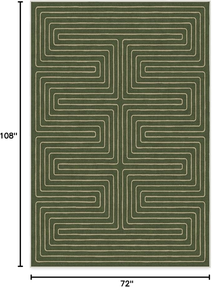 RUGGABLE x Jonathan Adler Machine Washable Modern Area Rug – Labyrinth Fern Green 6x9, Stain-Resistant, Non-Slip – Medium Rugs for Living Room, Bedroom, Hallway, Entryway & Office–with Standard Pad