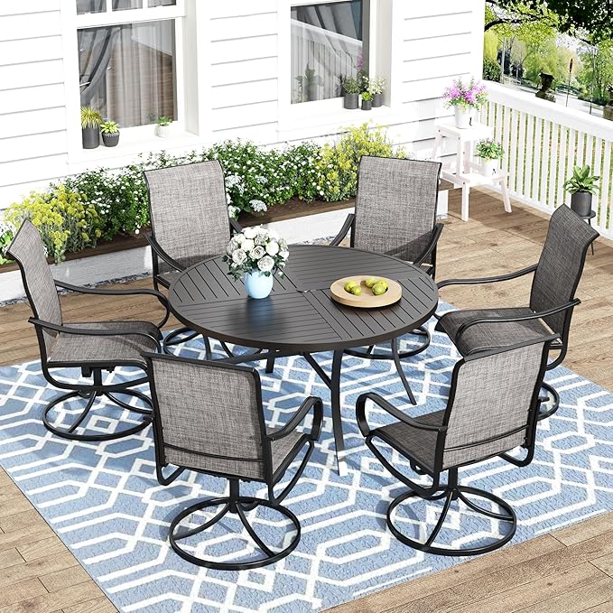 MFSTUDIO Patio Dining Set for 6, Round Patio Table and Chairs Set of 6 with Umbrella Hole, Outdoor Patio Furniture Set for Deck, Backyard, Poolside & Garden
