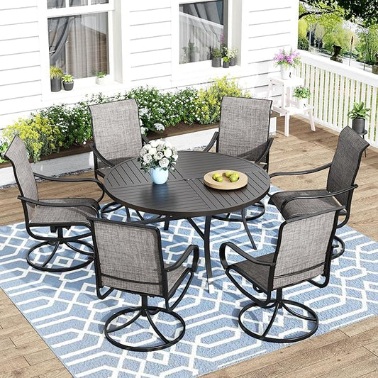 MFSTUDIO Patio Dining Set for 6, Round Patio Table and Chairs Set of 6 with Umbrella Hole, Outdoor Patio Furniture Set for Deck, Backyard, Poolside & Garden