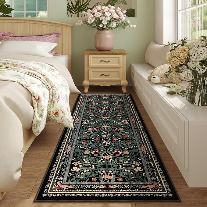 Runner Rug for Kitchen Rug Non Slip 2'x6' Washable Rugs with Rubber Backing Soft Vintage Floral Botanical Carpet Runner for Kitchen, Laundry, Bedroom, Bathroom, Black