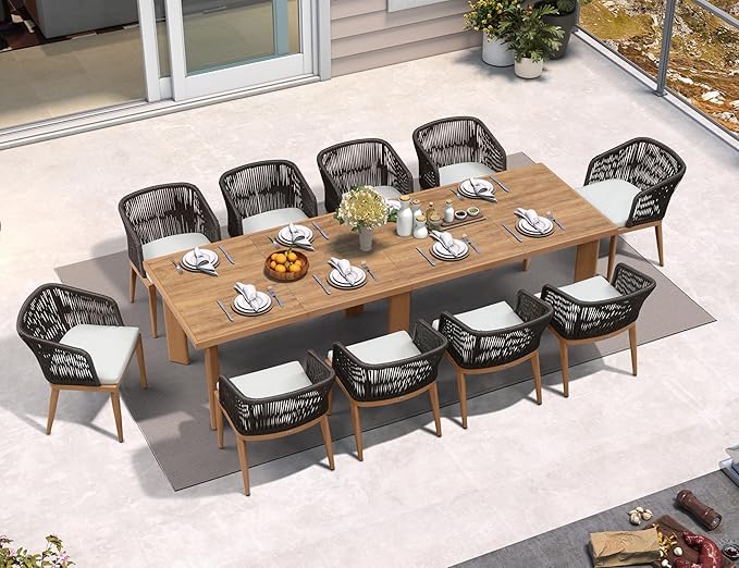 PURPLE LEAF 11 Pieces Outdoor Dining Set Patio Table and Chairs Set Aluminum Wicker Rattan Patio Furniture Set for Lawn Garden Backyard Teak