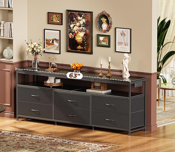 Huuger 63 Inch TV Stand for 55, 65, 70 Inch TV, Long Dresser TV Stand for Bedroom, Black LED TV Stand with Power Outlets, Fabric Drawer Dresser with Storage, Entertainment Center for Living Room