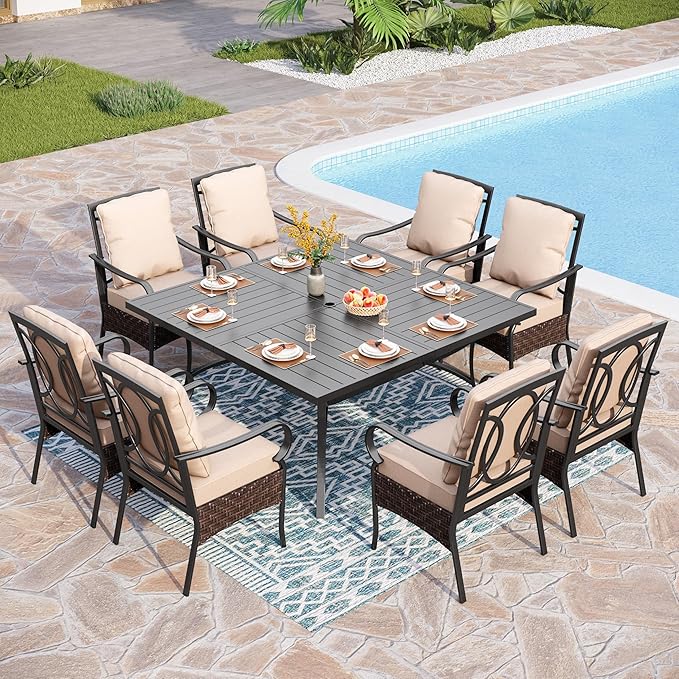 PHI VILLA 9 PCS Outdoor Dining Sets, 60x60 All-Weather Patio Table and Chairs Set for 8, Heavy Duty Patio Table Set Square for Deck, 8 Extra Large Outdoor Stationary Dining Chairs with Thick Cushions