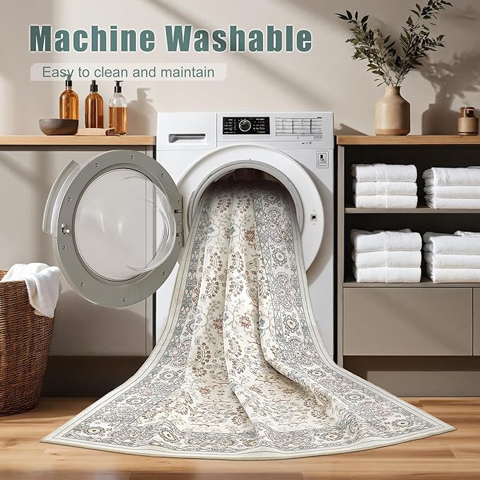 Area Rugs for Living Room: 8x10 Washable Rug Vintage Boho Floral Print - Ultra Thin Stain Resistant Large Soft Non Slip Foldable Carpets for Bedroom Dining Room Office Nursery - Multi