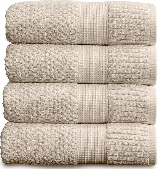 NY Loft 100% Cotton Bath Towel 4 Pack | Super Soft & Absorbent Quick-Dry Bath Towels 30" x 52" | Textured and Durable Cotton | Premium Thick Towels | Trinity Collection (4 Pack Bath Towel, Sand)