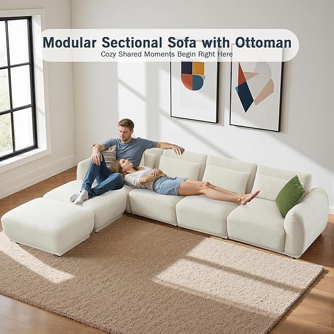 Sectional Sofa Couch, Modern Convertible U Shaped Sectional Couch with Ottoman, Modular Sectional Sofa Cloud Couches for Living Room (White, 4 Set + 2 Ottoman)