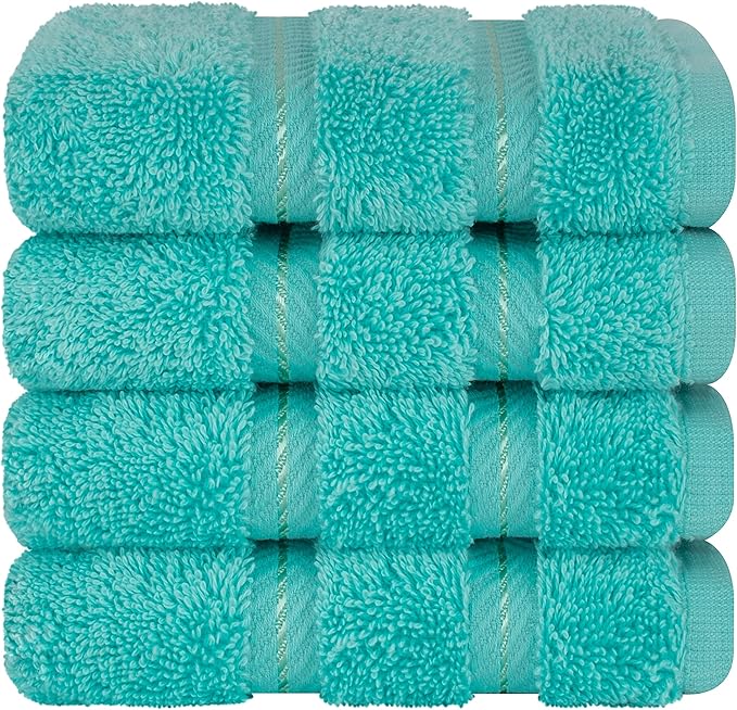American Soft Linen Luxury Washcloths for Bathroom, 600 GSM 100% Cotton 4 Piece Turkish Wash Cloth Set, 13x13 in Soft Rags for Body and Face, Turquoise Blue Washcloths