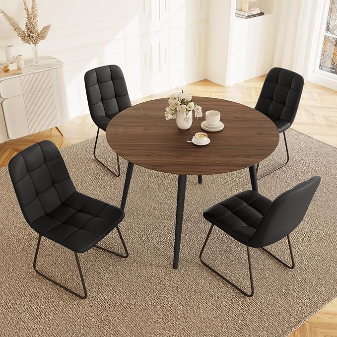 43.3 Inch Round Dining Table Set for 4, Modern Small Kitchen Coffee Set for Dining Room Kitchen Apartment (Walnut Table+4 U-Shaped Black Chairs)